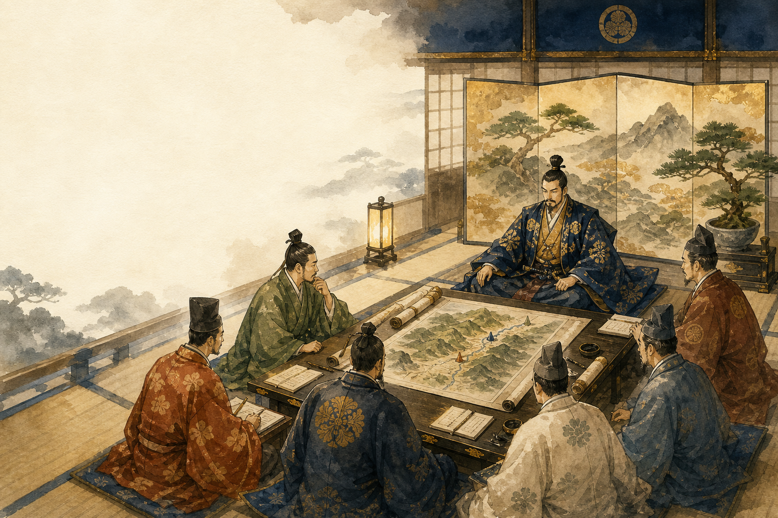 戦国時代の評定所で城主と六人の評定参加者が地図を囲む様子